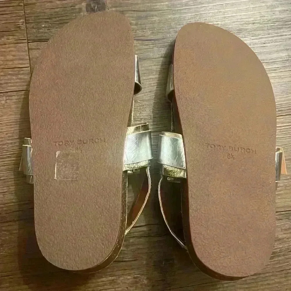 Tory Burch Multi Logo Kiltie Sandals Metallic Gold and Silver Leather - Picture 6 of 8